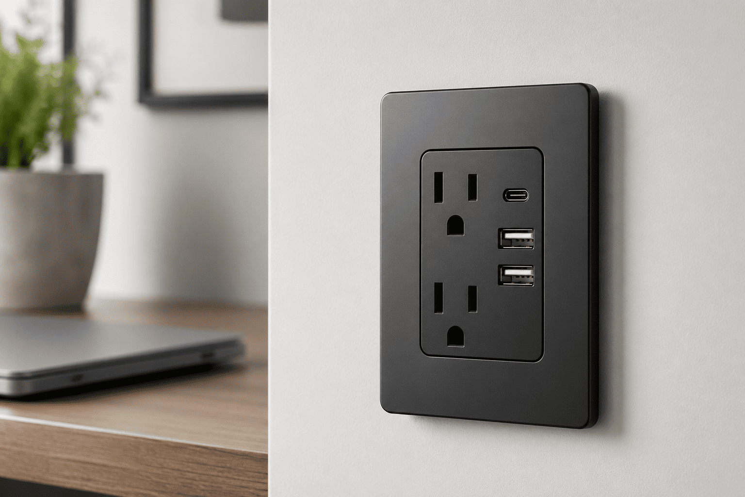 A modern wall outlet with integrated USB and Type-C ports