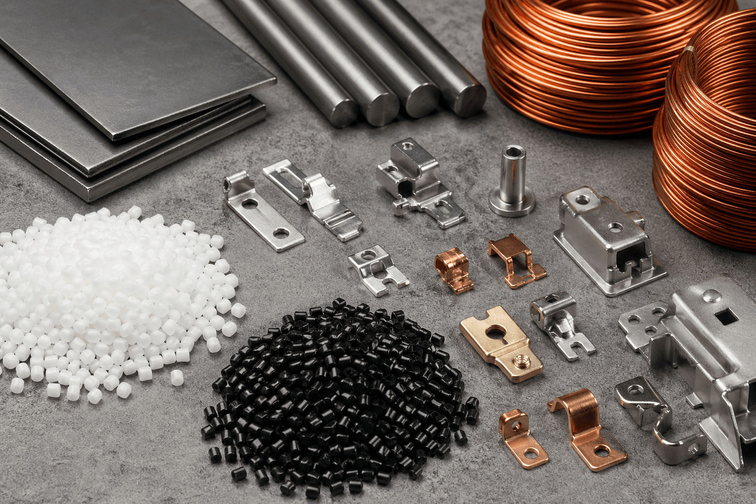 An assortment of raw materials like plastic pellets, copper coils, and metal parts used in switch manufacturing