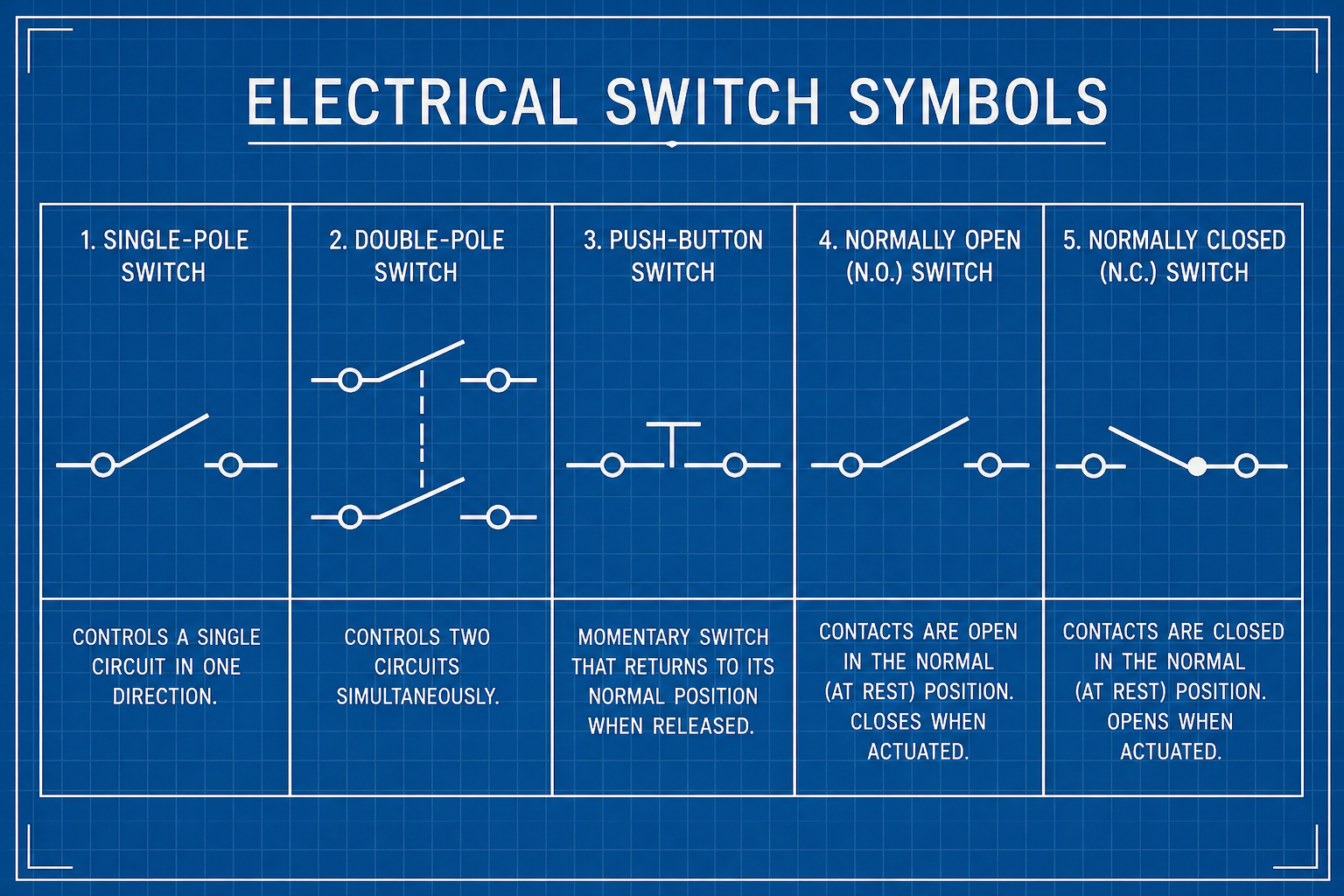 A collection of common electrical switch symbols on a blueprint