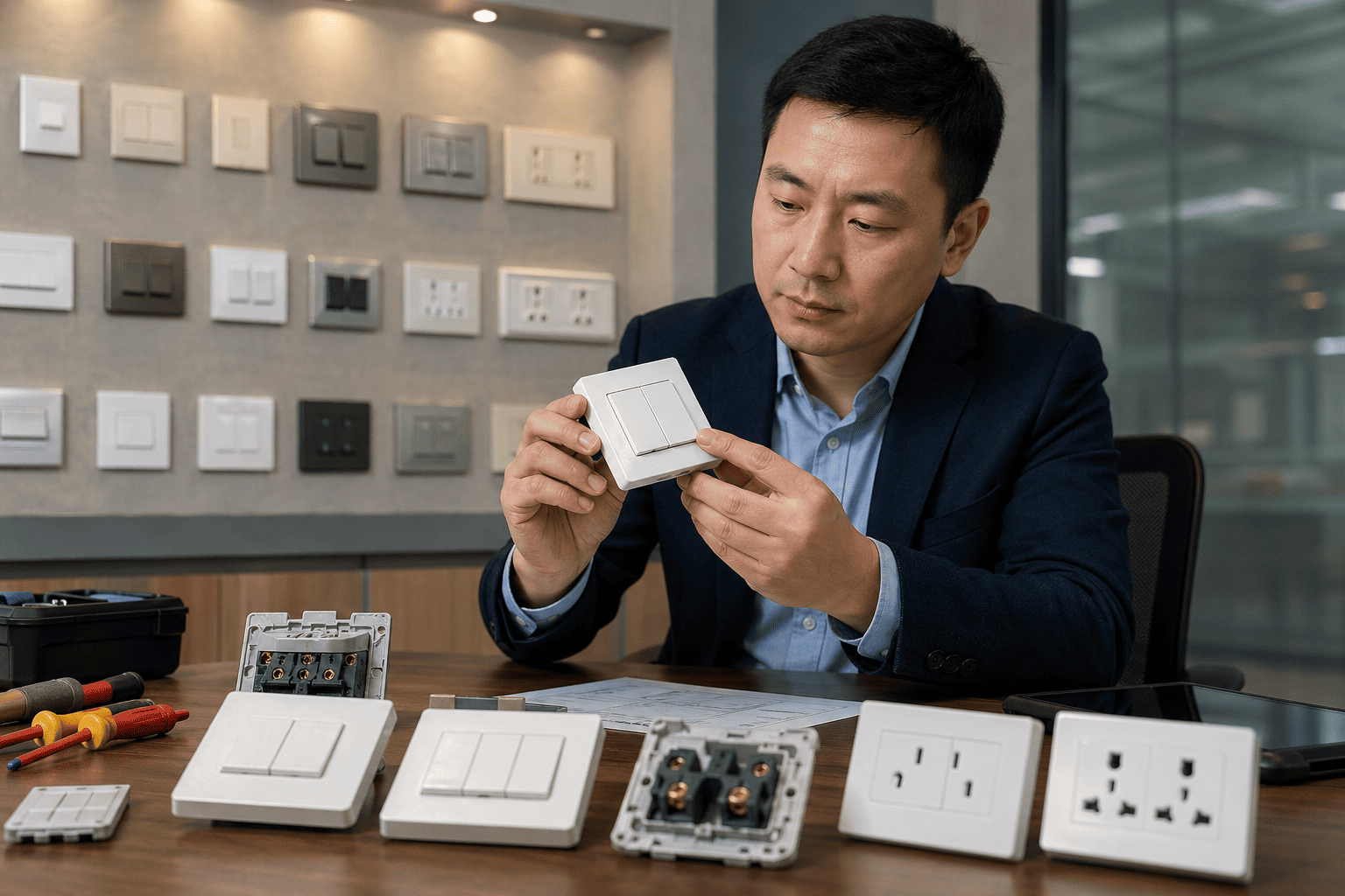 A procurement manager inspecting a wall switch sample