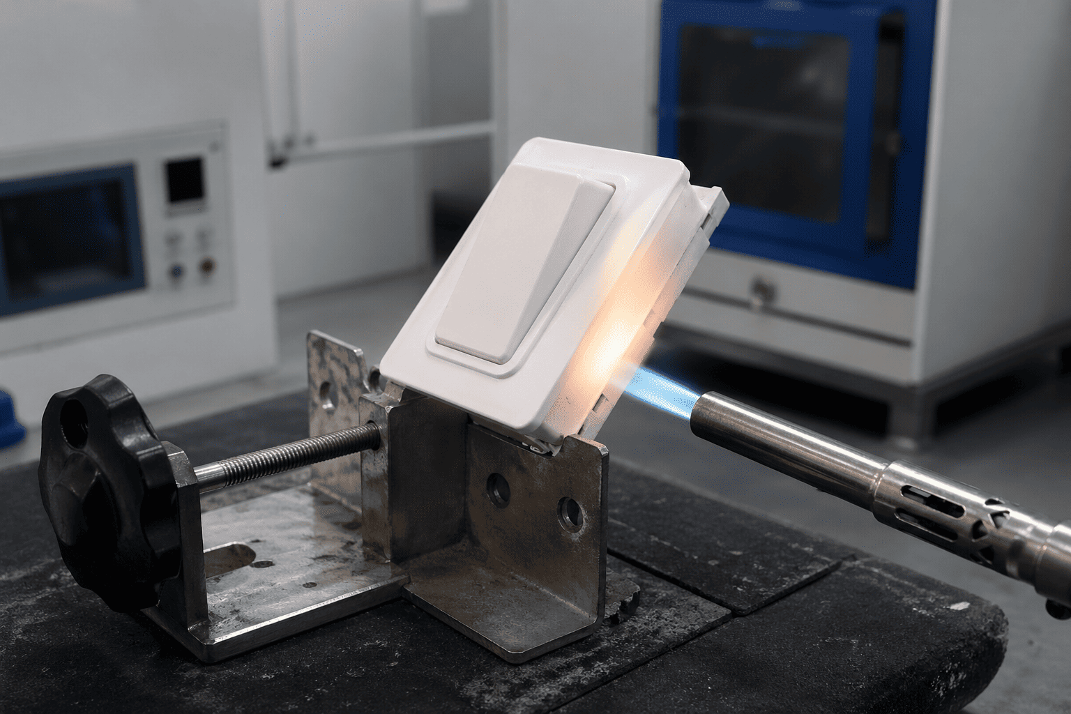 A laboratory test showing a flame being applied to a plastic switch component