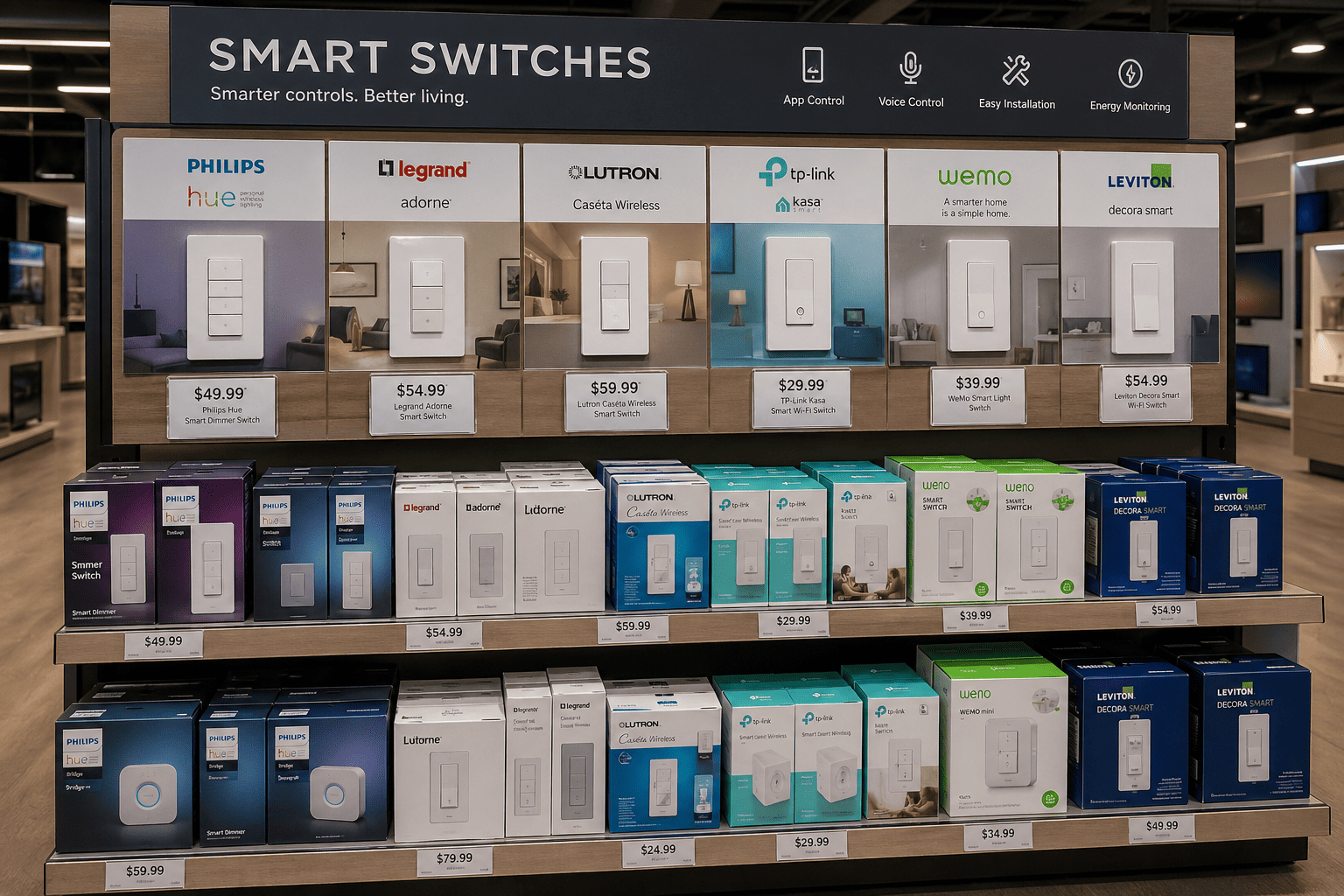 A display of well-known smart switch brands in a retail store
