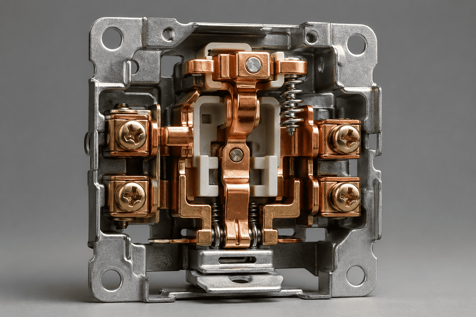 A close-up view of the internal copper and iron structure of a high-quality electrical switch
