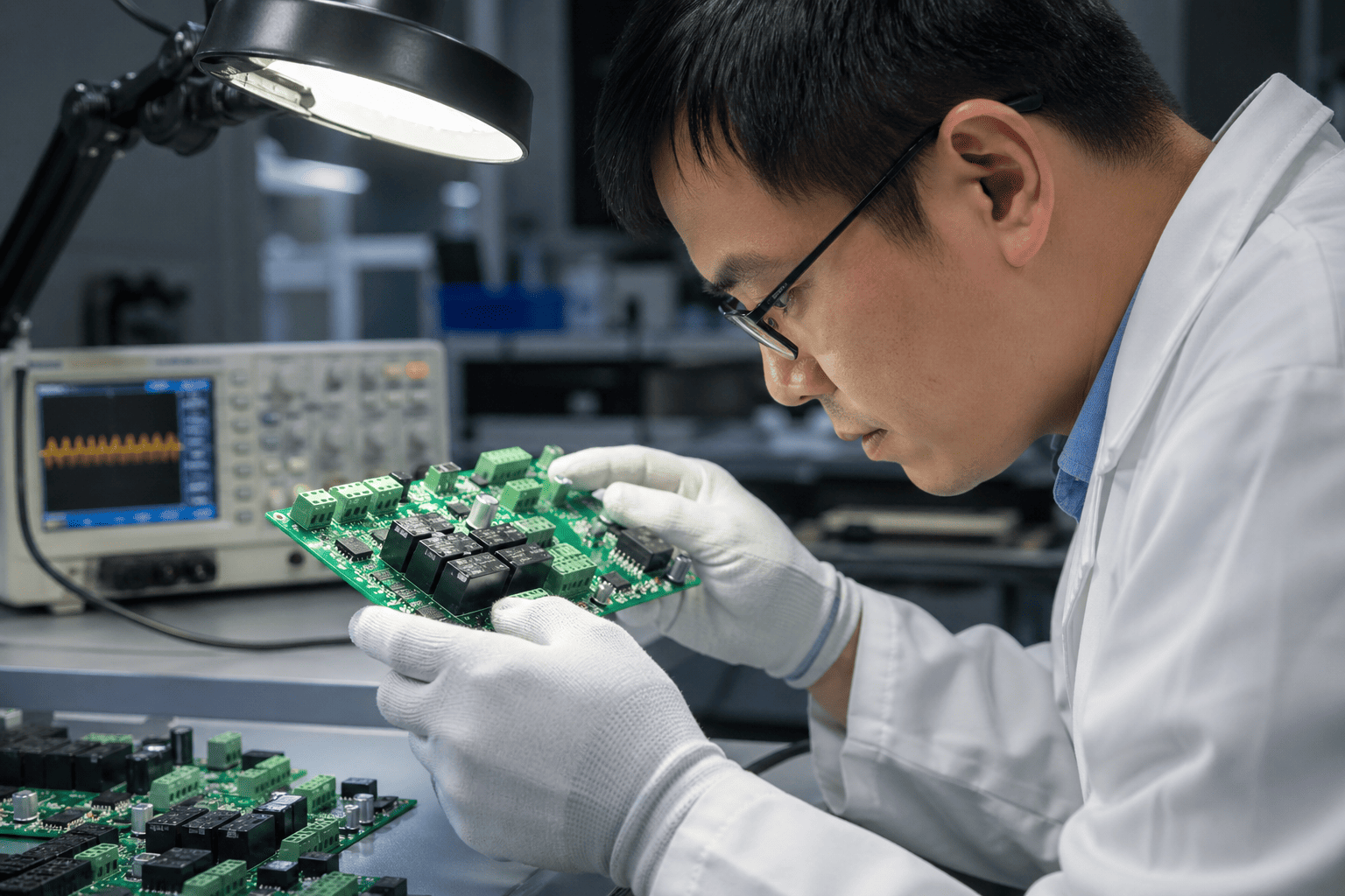 An engineer inspecting a smart switch circuit board