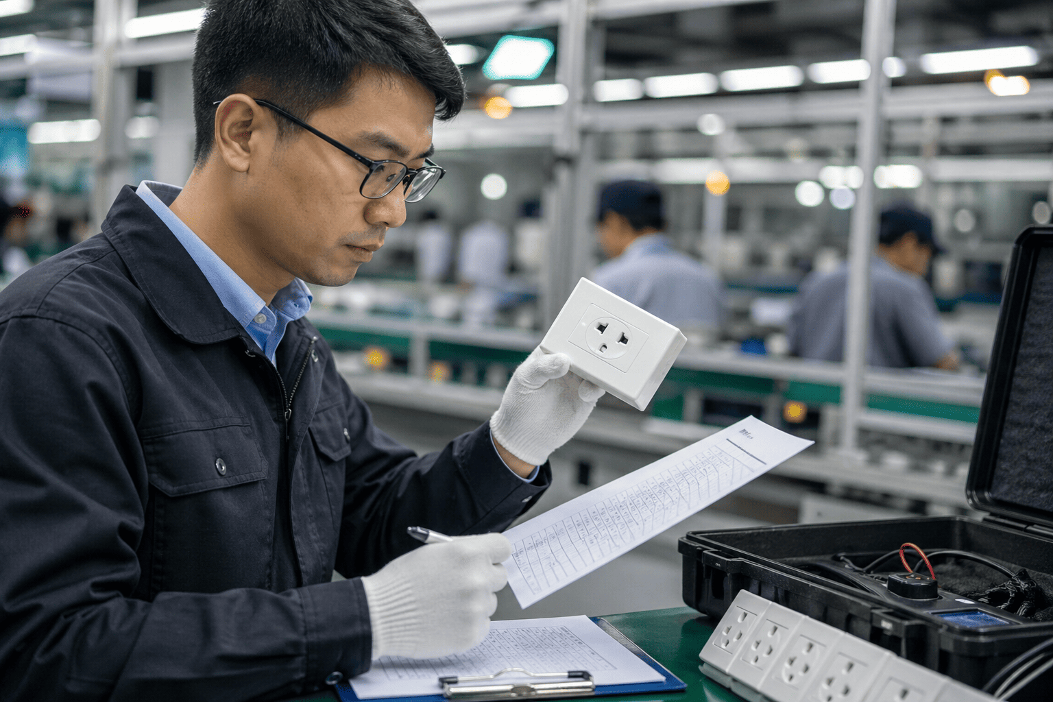 An inspector checking a product against a test report checklist