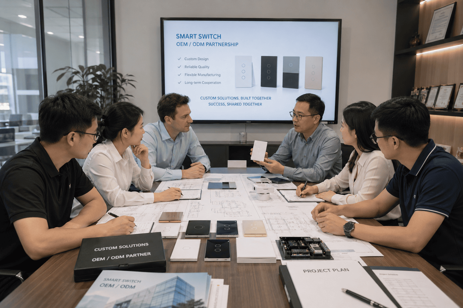 A team of engineers and managers collaborating on a project