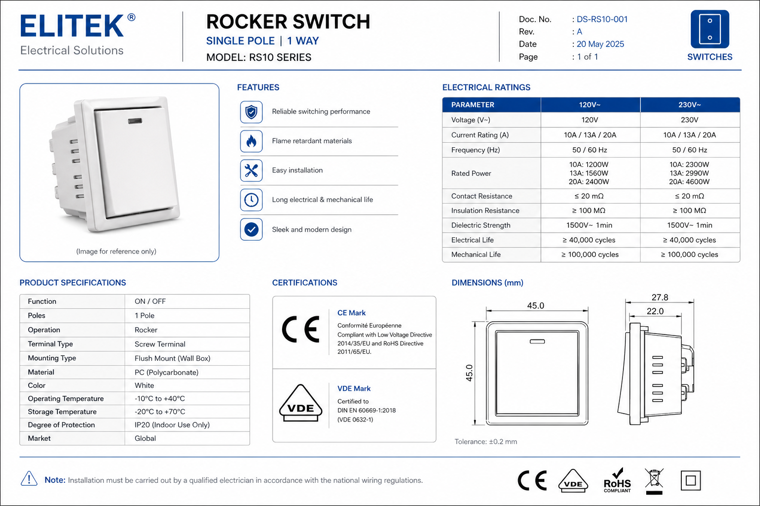 A specification sheet showing electrical ratings, certifications, and design details