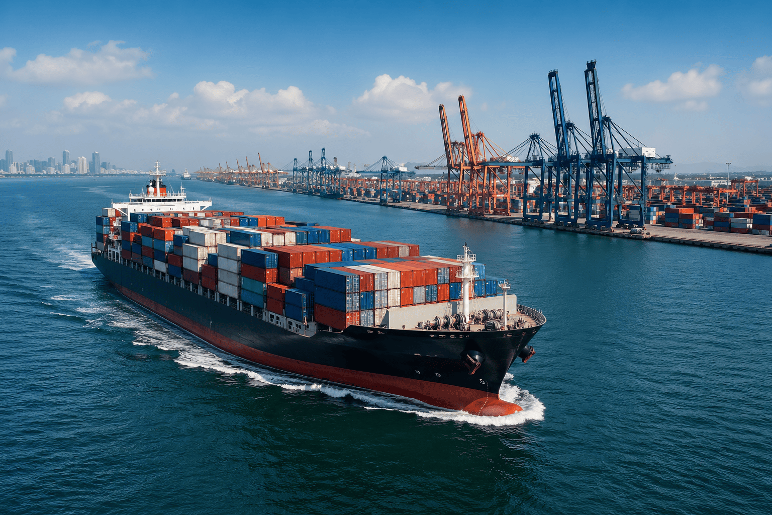 A cargo ship with containers, symbolizing international trade and logistics