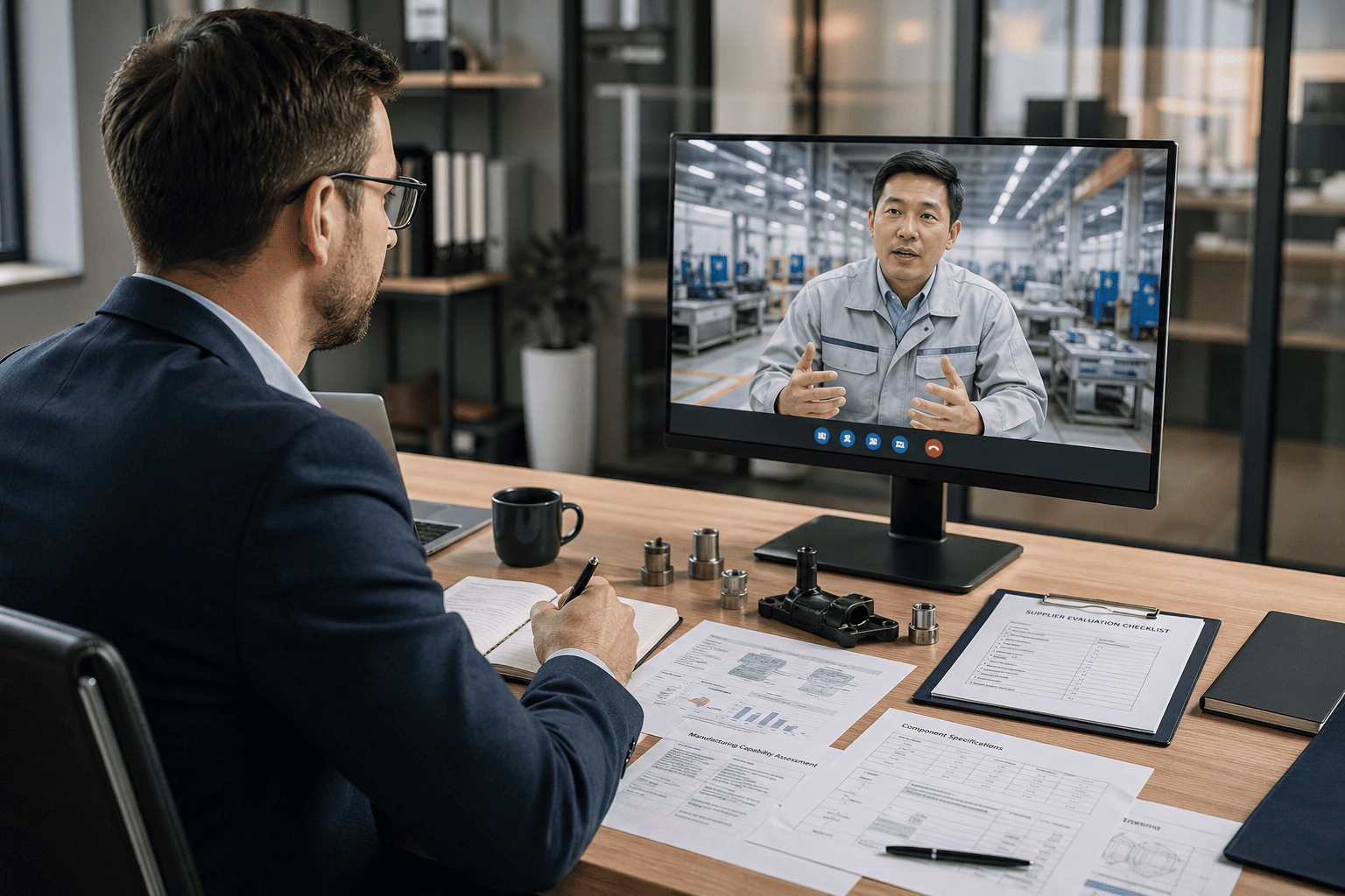 A procurement manager on a video call with a factory representative